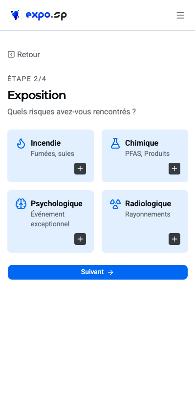 Déclaration d’exposition, étape 2 sur 4 : choix des risques rencontrés (incendie, chimique, psychologique, radiologique)